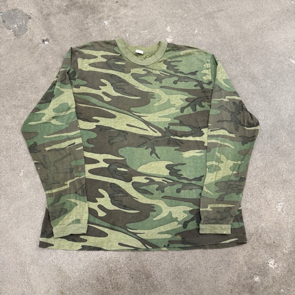 VINTAGE 80s CAMO THIN LONG SLEEVE T SHIRT GRUNGE USA LARGE GREEN